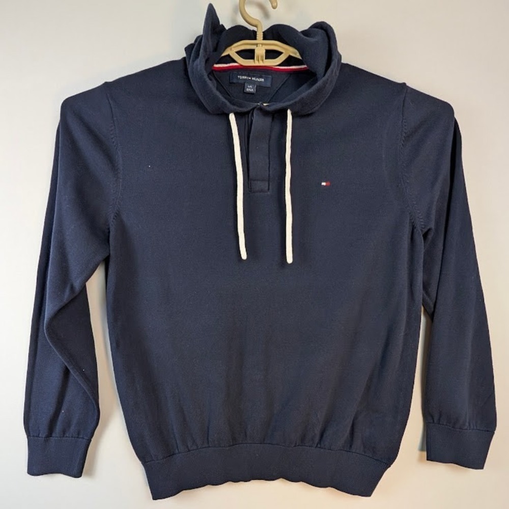 Tommy Hilfiger Hoodie Sweater Men's L/G Navy Blue Cotton Knit Embroidered Logo